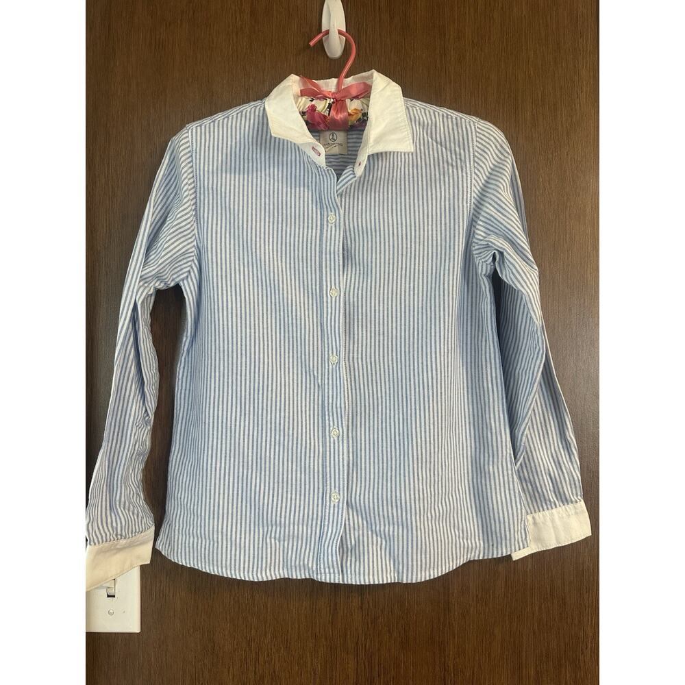 Lands End kids sz 12 stripped chambray blue white button down long sleeve cotton